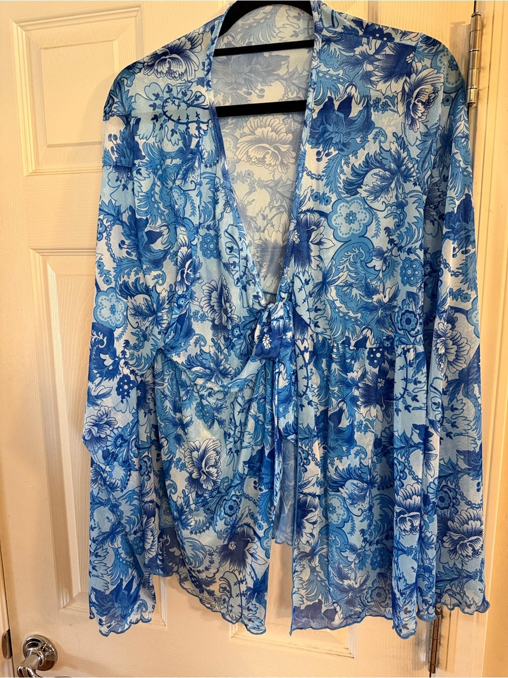 Blue Floral Sheer Tie-Front jacket Top